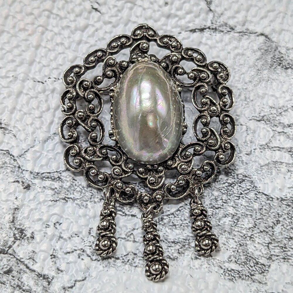 Vintage Silver Tone Brooch With Faux Pearl & Dangling Accents Victorian Revival